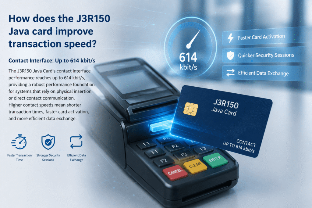 How does the J3R150 Java card improve transaction speed (1)