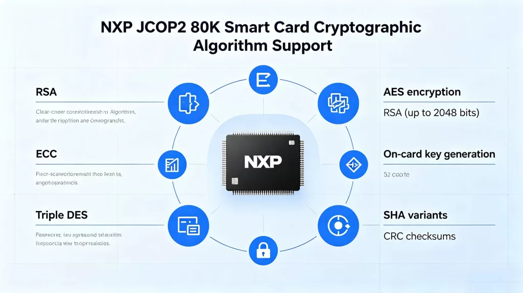 The NXP JCOP2 80K smart card supports mainstream cryptographic algorithms