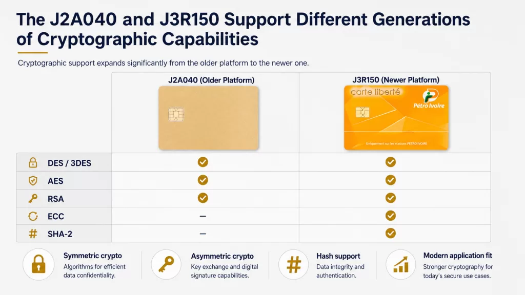 The J2A040 and J3R150 Support Different Generations of Cryptographic Capabilities 1