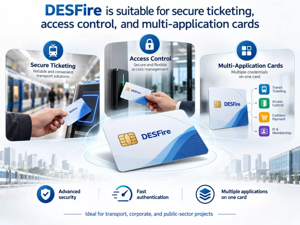 DESFire is suitable for secure ticketing, access control, and multi-application cards